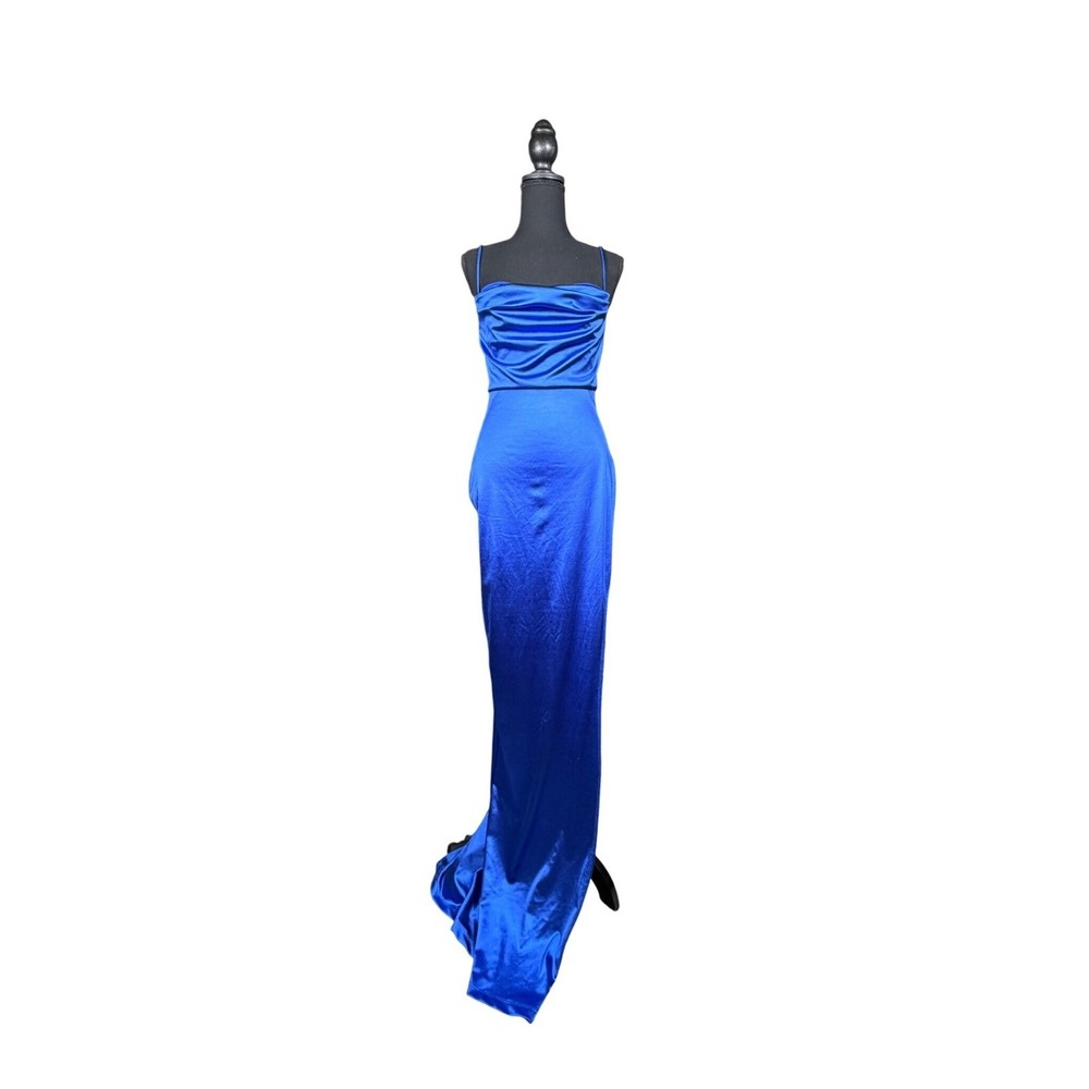 Windsor Iliana Cowl Neck High Slit Satin Column‎ Gown Royal Blue